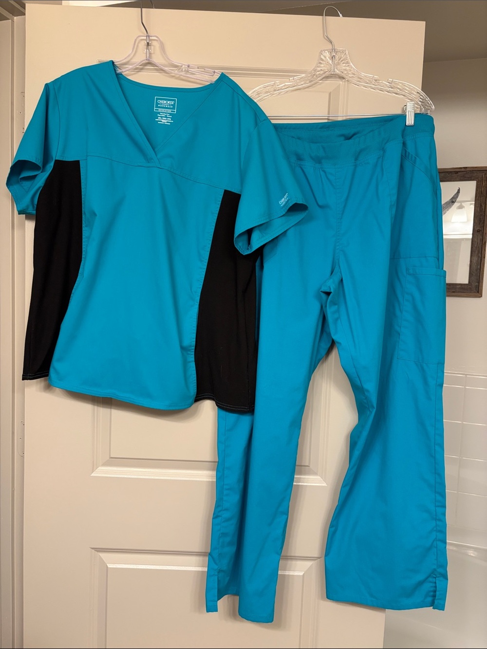 Cherokee Teal & Black Scrub Top and Pants Set